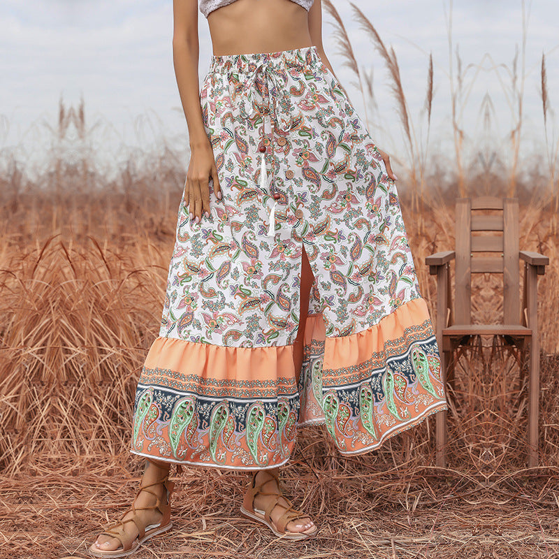 Slim Fit Elasticated Waist Self-Tie Slit Skirt Ethnic Print Mid-Length Women Summer