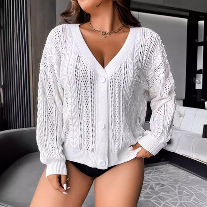 Sweater Coat Autumn White Knitted Fabric Cardigan Hollow Out Cutout Out See Through Women Clothing