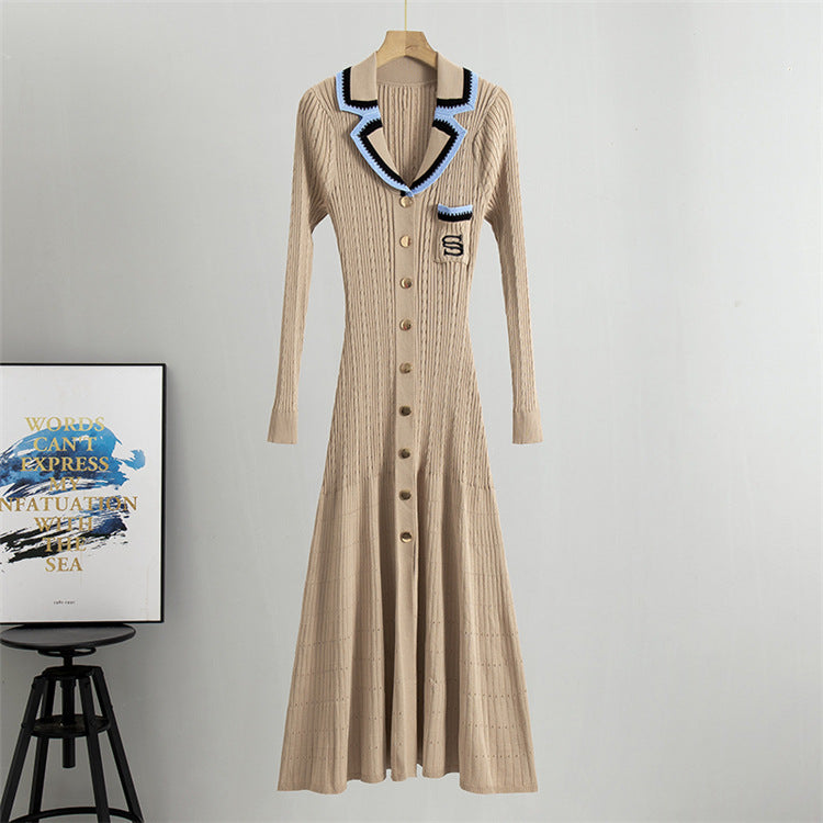 French Classic Embroidered Polo Collar Long Sleeved Knitted Dress Waist Slimming Elegant Spring Dress for Women