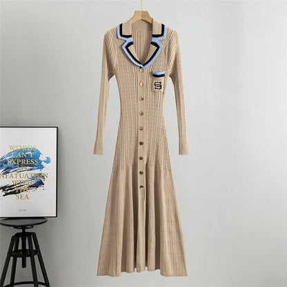 French Classic Embroidered Polo Collar Long Sleeved Knitted Dress Waist Slimming Elegant Spring Dress for Women