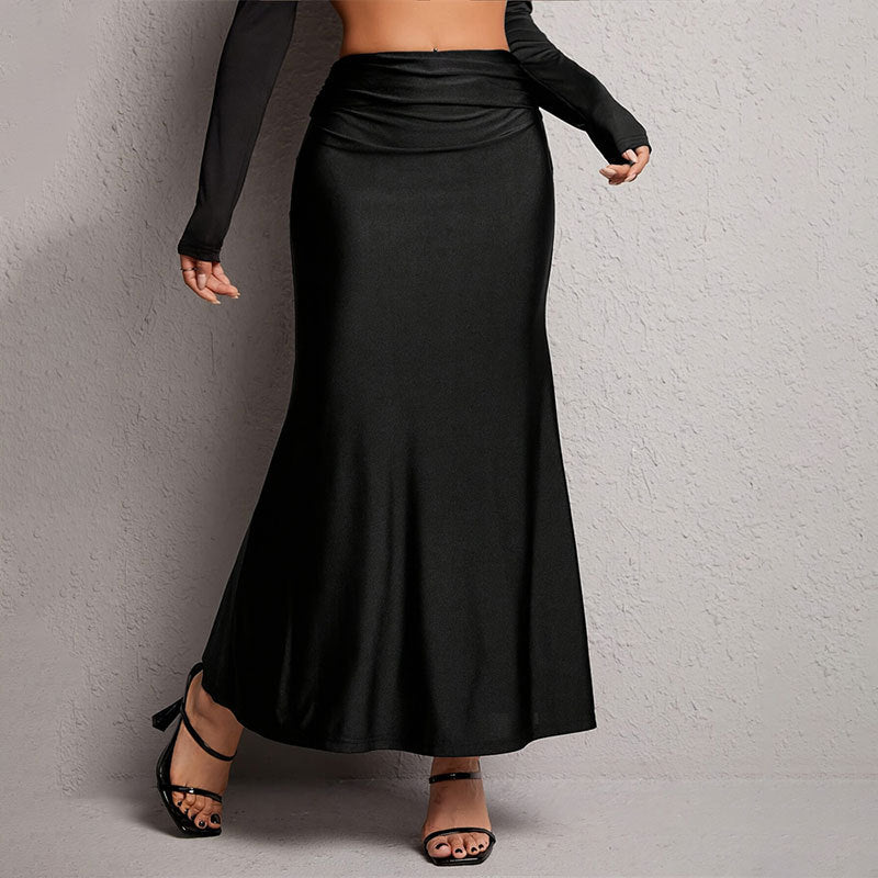 Solid Color Elastic Waist Pleated Slim Fit High Elastic Knitted A Line Hip Skirt Women Skirt