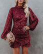 Autumn Winter Velvet Burning Floral Ruffled Irregular Asymmetric Dress