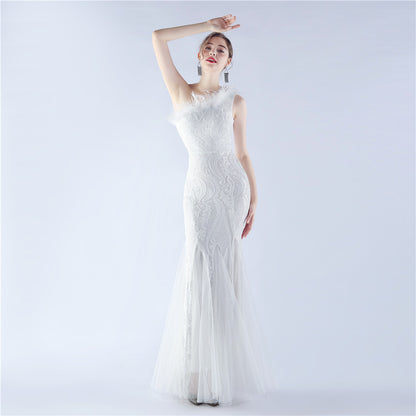 Craft Order Ostrich Feather Mesh Stitching Sequin High End Evening Dress