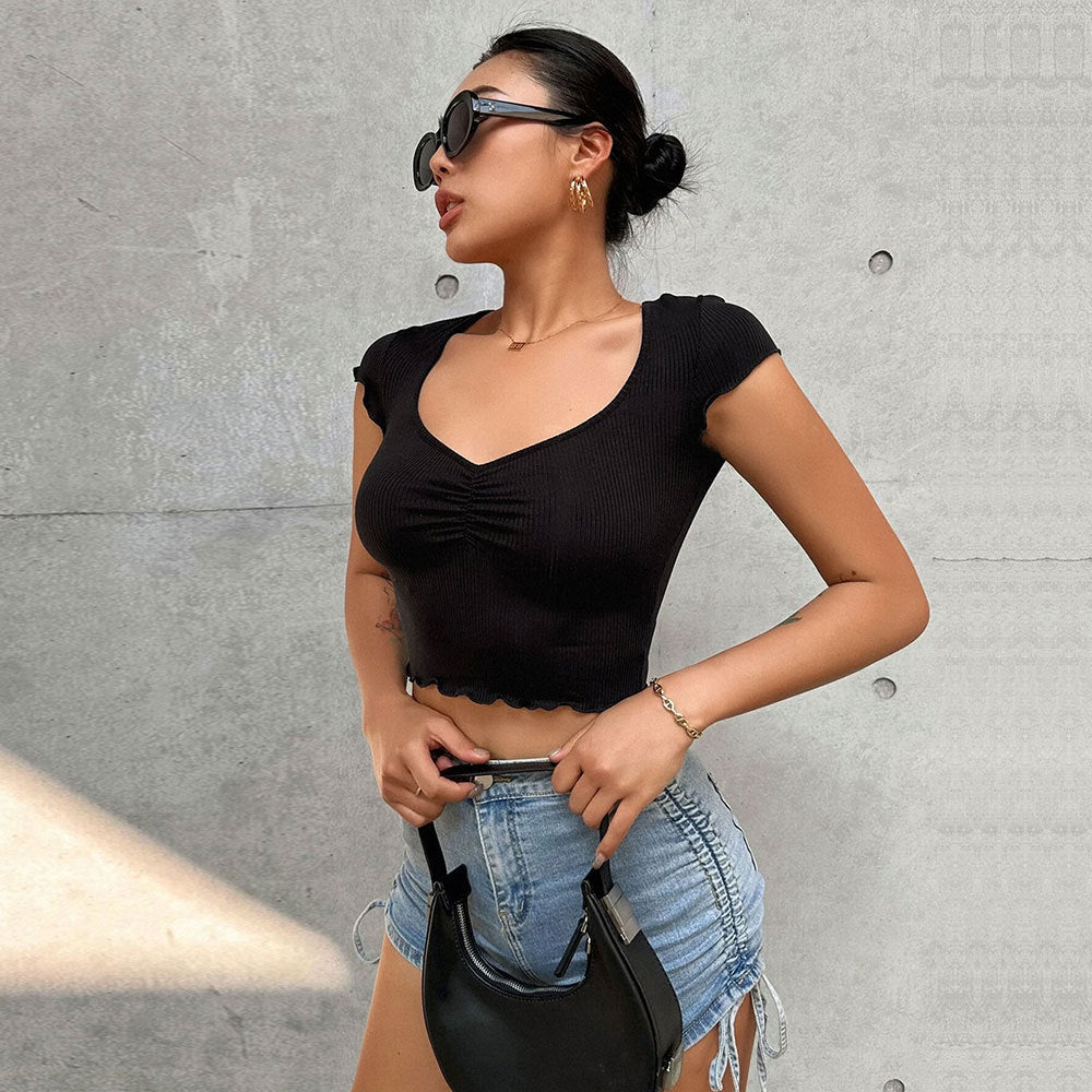 Summer Women Clothing V neck Pleated Slim T shirt Elastic Exposed Cropped Solid Color Ultra Short Short Sleeve Top