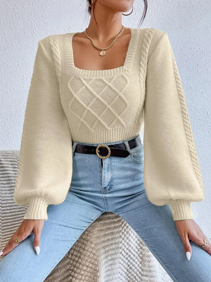 Autumn Winter Solid Color Square Collar Sweater Women Top Fashionable Solid Color Sweater