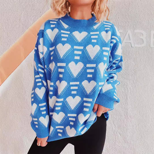 Autumn Winter Cute Sweet Loving Heart Two Color Jacquard Contrast Color Round Neck Knitted Pullover Sweater Women