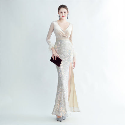 Craft Ostrich Feather Sequin Velvet Side Slit Long Sleeve Evening Dress