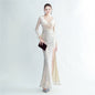 Craft Ostrich Feather Sequin Velvet Side Slit Long Sleeve Evening Dress