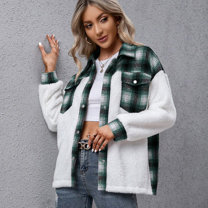 Thick Cashmere color block Long Sleeve Plaid Stitching Loose Casual Plush Plaid Shacket Jacket Coat Top Women