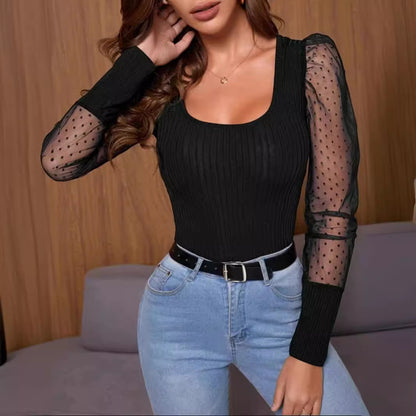 Women Clothing Summer U Collar Net Yarn Sleeve Stitching Solid Color Slim Fit Elegant T Shirt Women Top