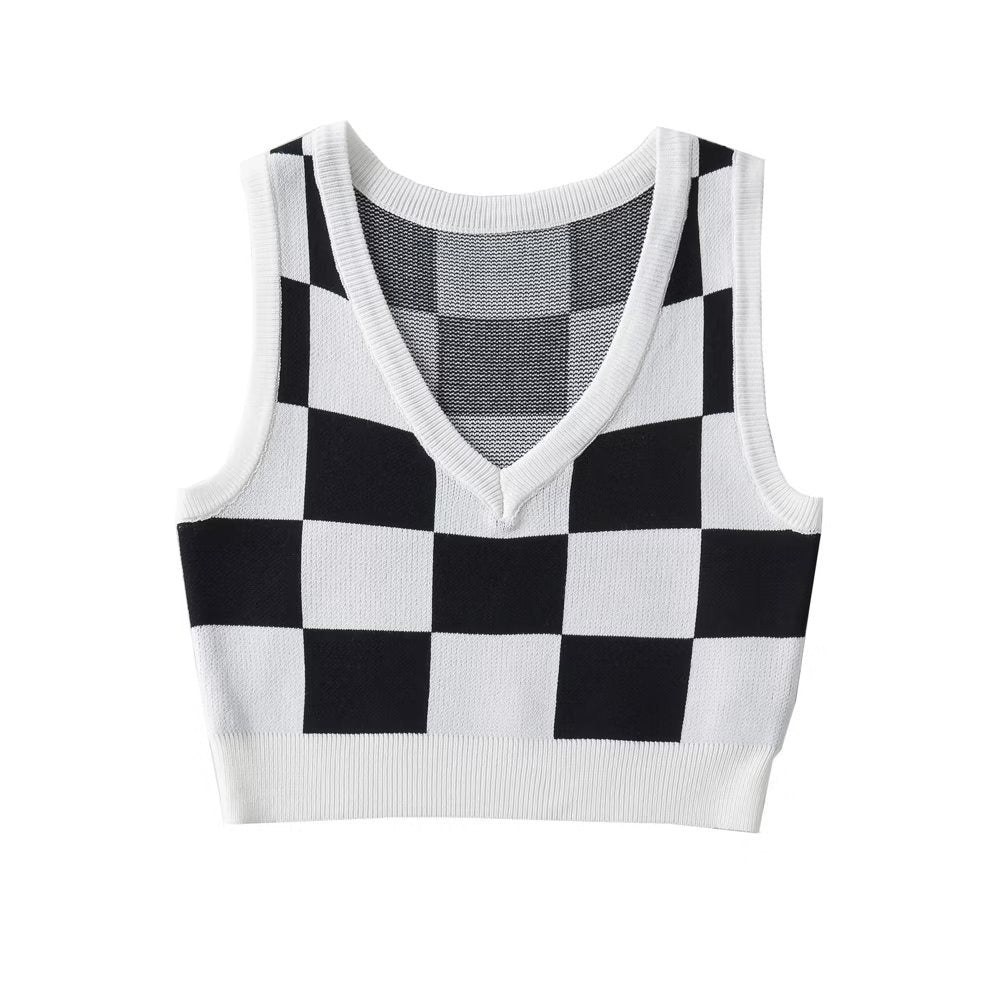 Color Contrast Check Knitted Vest V neck Short Vest Chessboard Plaid Top