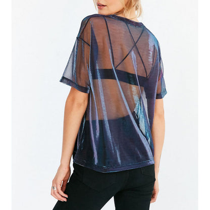 Sexy Autumn Women Clothing High-End Short-Sleeved T-shirt Women See-through sexy Top