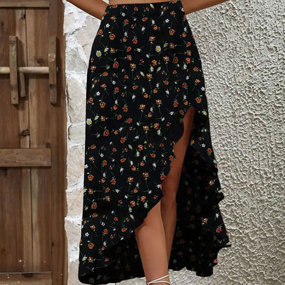 Women Clothing Summer Romantic Elegant Floral Lotus Leaf Hem Skirt Slit Asymmetric Skirt