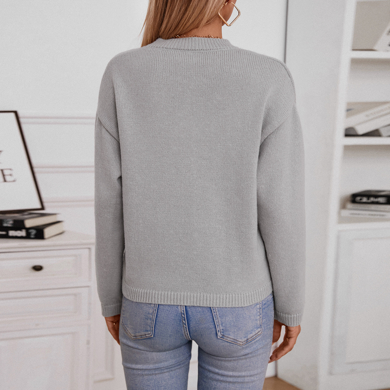 Autumn Winter Women Sweater Solid Color Pocket Casual Loose Cardigan Collar Sweater