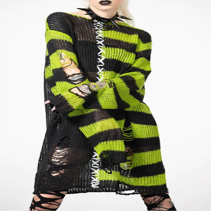 Halloween Punk Ripped Long Sweater Women's Loose Striped Contrast Color Pullover Sweater