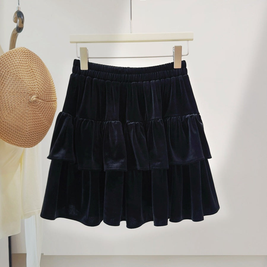 Gold Velvet Tiered Skirt Women Autumn Winter High Waist Slimming Small A Line Bubble Short Skirt