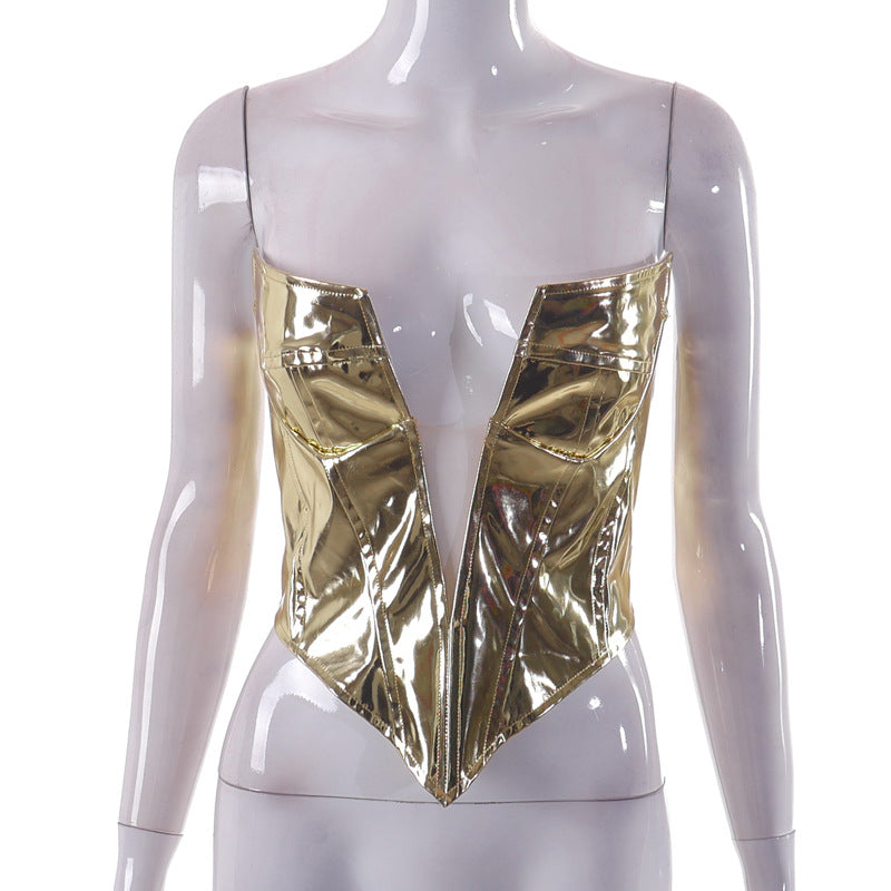 Metallic Coated Fabric Women Clothing Spring Solid Color Sexy Deep V Plunge Mesh Stitching Zipper Wrapped Chest Slim Top