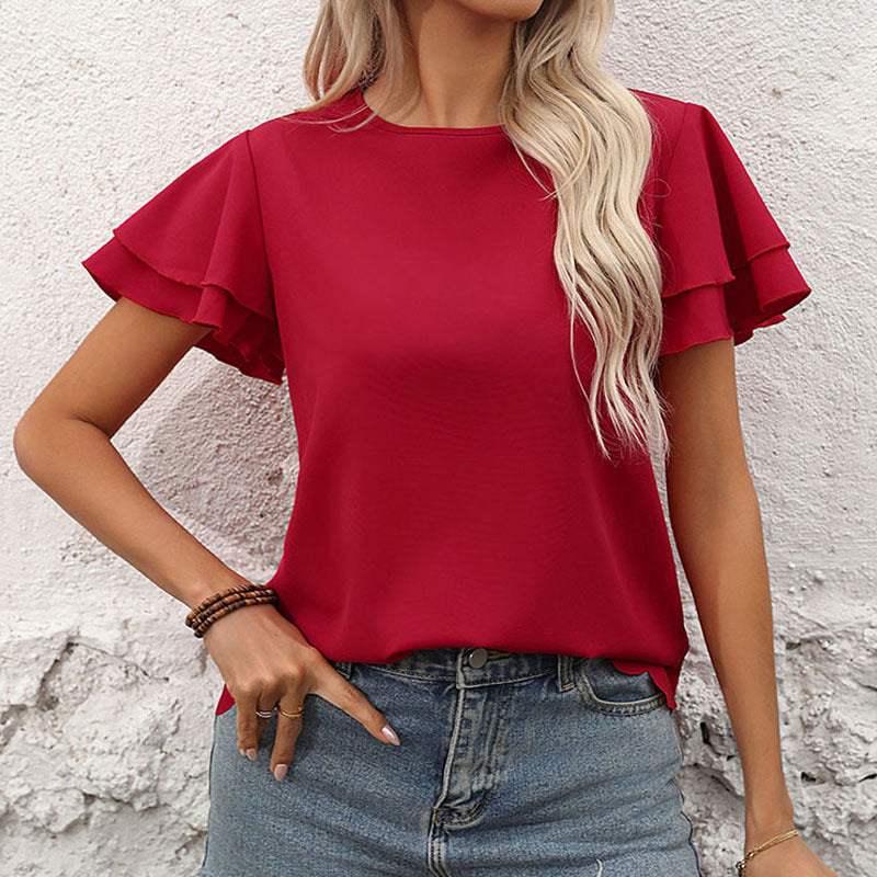 Women Clothing Double Layer Ruffle Sleeve Solid Color Top for Women Summer