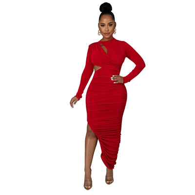 Women Wear Solid Color Pleated Round Neck Long Sleeve Dress