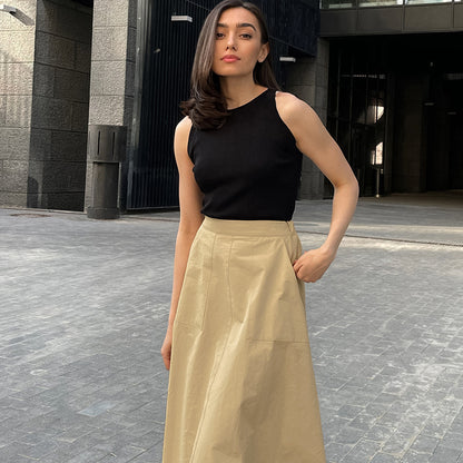 Khaki Cotton A Hem High Waist Office Skirt Autumn Women Clothing Long Skirt