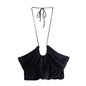 Fall Women Clothing Sexy Short cropped Backless Pleated Decorative Halter Short Small Shirt