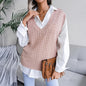 Women Pink Sweater V-neck Knitted Vest Vest Solid Color Women Top