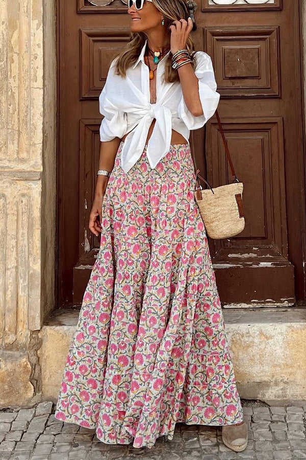 Summer Casual Women Wear Printed Long Skirt Elastic Waist Expansion Skirt for Vacation Skirt