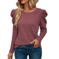 Autumn Winter Arrival Long Sleeve Pleated Patchwork Round Neck Waffle T shirt Top Women