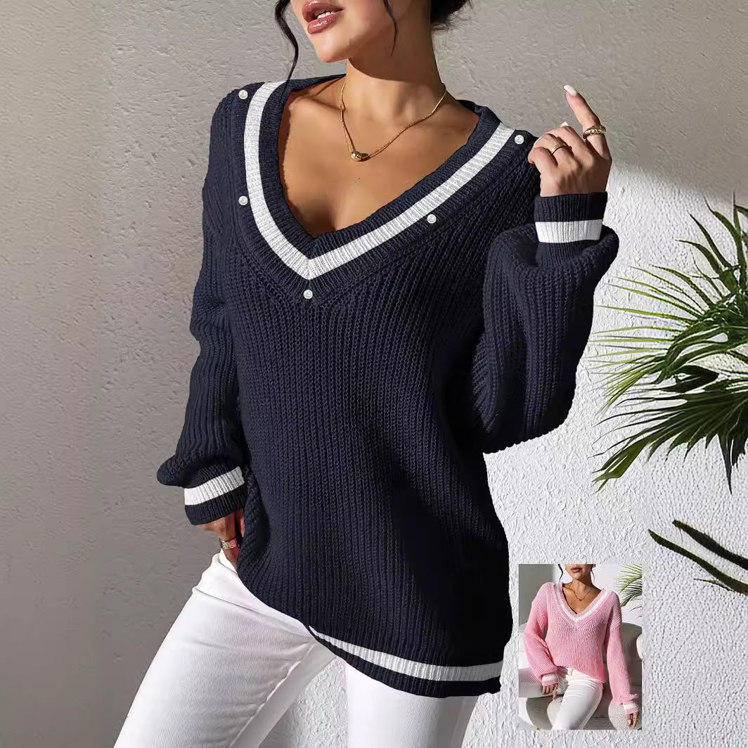 Women Clothing Preppy Top Color Contrast Patchwork V neck Long Sleeve Sweater Beaded Casual Bottoming Shirt