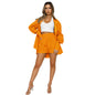 Women Clothing Summer Solid Color Casual Loose Collared Long Sleeves Shirt High Waist Shorts Two-Piece Set