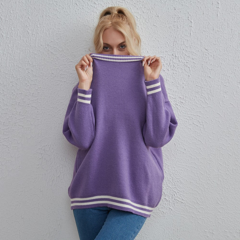 Women Clothing Solid Color Round Neck Striped All Matching Top Simple Autumn Winter Sweater