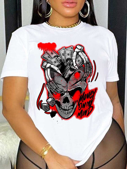 Women T shirt Spring Summer Women Clothing Loose Top Skull Printed Crew Neck Top