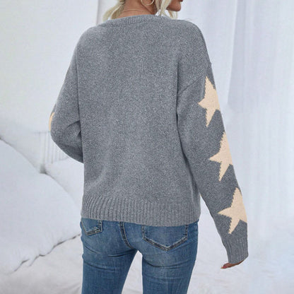 Autumn Winter Women Long Sleeved Knitted Jacquard Round Neck Pullover Casual All Match Sweater