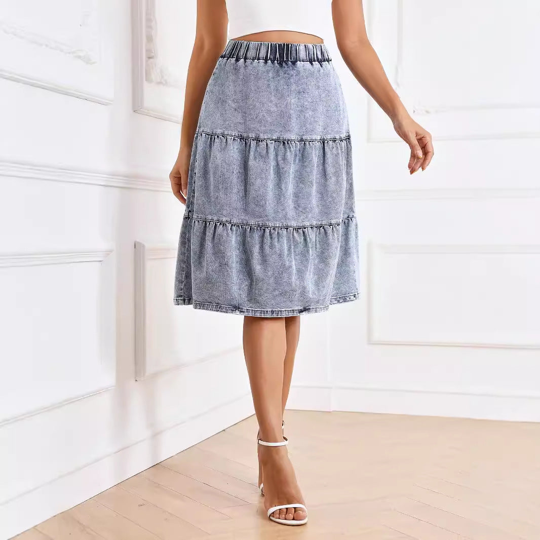 Midi Length Cake Denim Long Skirts Summer Lady Elegant Hem Stitching Elastic Waistband Slimming