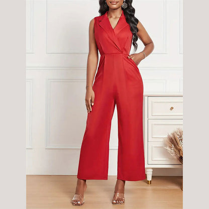 Women Clothing Elegant Graceful Pleated Suit Collar Straight Jumpsuit Office Women