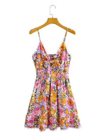 New Chest Bow Print Dress Fresh Sweet Women Clothing High Waist Backless Slim Fit A- line Dress Floral Burst