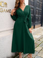 Women Clothing Autumn Winter Elegant Criss Cross V-neck Swing Pleated Dress Maxi Dress