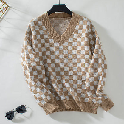 V Neck Pullover Plaid Women Sweater Autumn Winter Casual Loose Long Sleeve Sweater