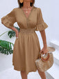 Women Clothing Summer Patchwork Lace V Neck Tight Waist Solid Color Dress