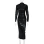 Women Clothing Autumn Faux Leather Dark Solid Color Slim Slimming Dress