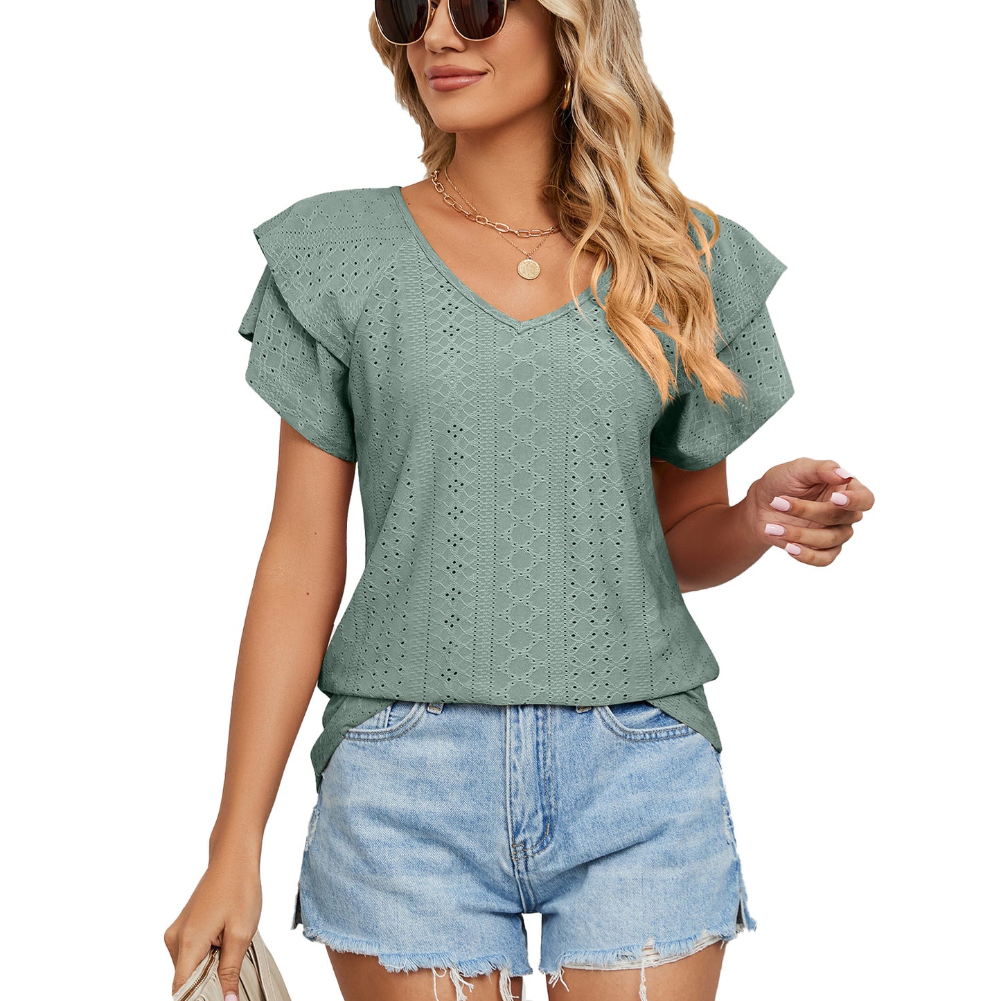 Spring Summer Solid Color Double Layer Sleeve V neck Loose Short Sleeve T shirt Top Women