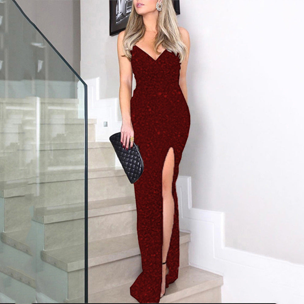 Summer Women Clothing High Waist Sexy Dress Sequined Suspender Slit Formal Dress