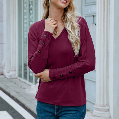 Women Clothing V neck Long Sleeved T shirt Solid Color Buttons Top