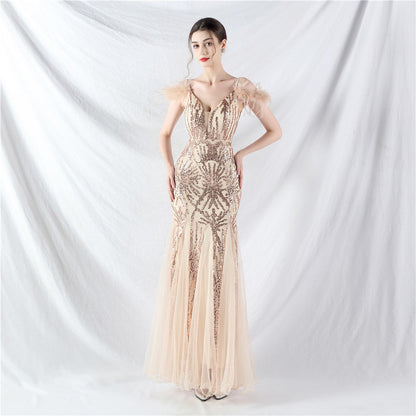 Color Craft Order Ostrich Feather Mesh Sequin Sexy Sling Dress Evening Dress