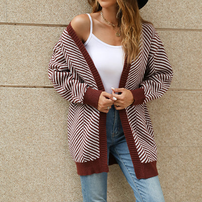 Loose Long Coat Sweater Women Autumn Winter Lazy Wind Striped Contrast Color Knitted Cardigan