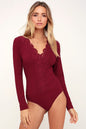 Women Striped Sexy V neck Lace Edge Long Sleeve Autumn Wear One Piece T Back Base