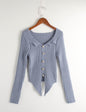 Fall French Girly Temperamental Slim Fit Stretch Bottoming Decorative Buckle V neck Sweater