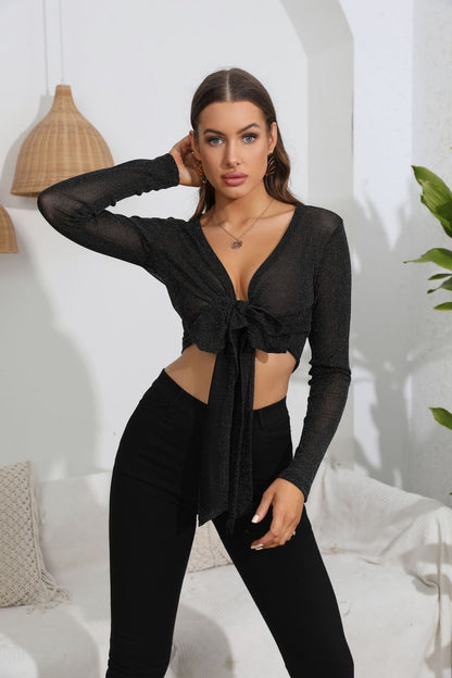 Women Clothing Sexy Cropped Long Sleeve Top See through Multi Wear Front Lace up Shirt