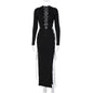 Women Clothing Autumn Sexy Hollow Out Cutout out Tied Slim Fit Slit Long Sleeve Dress