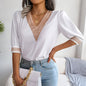 Spring Summer Lace V-neck Half Sleeve Chiffon Shirt Women Clothing